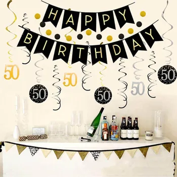 

50th Happy Birthday Bunting Banner Hanging Swirls Circle Dots Hanging Decoration Confetti Birthday Party Decorations Kit