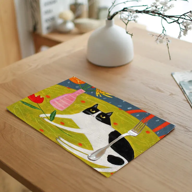 Льняная салфетка с принтом кошки 32*42 см цветочный горшок узор Кофейня Декор коврик для стола семейный стол посуда украшение скатерть