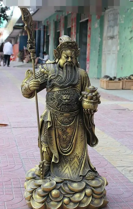

28" China Pure Bronze Dragon Warrior Wealth Mammon Guan Gong Yu God Sword Statue