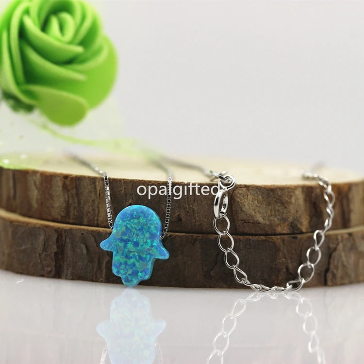 MOQ=1PC Free Shipping OP73 Tiffany Blue 11*13mm Synthetic Opal Hamsa/Hand 925 Silver Gold Chain Opal Necklace with High Quality