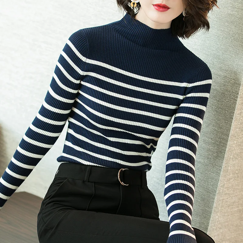 Striped high turtleneck elastic knit slim pullovers sweater 2018 new women autumn long sleeve sweater