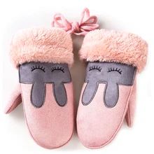 1 пара, модные зимние теплые толстые меховые варежки, перчатки, милые детские перчатки с рисунком, розовые женские перчатки с кроликом и варежки