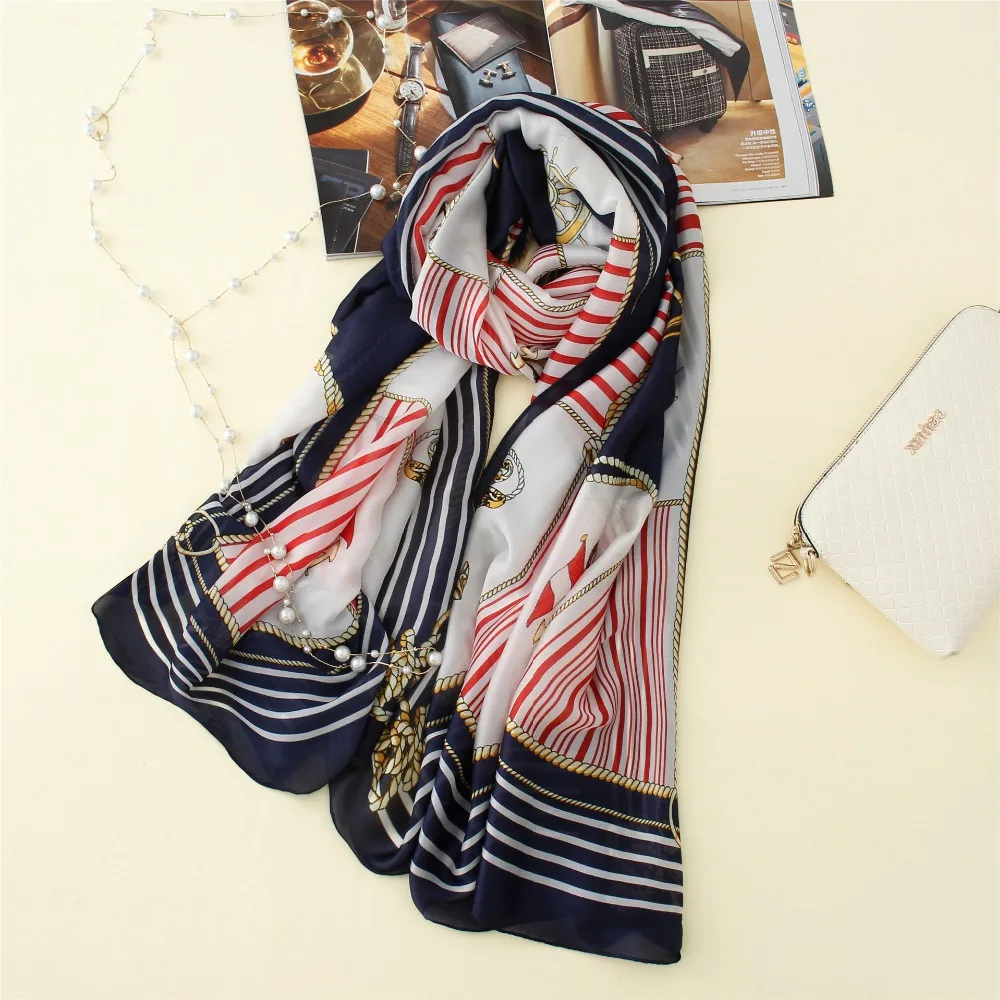 

2019 Spain Luxury Brand Ship Boat Anchor Silk Shawl Scarf Print Soft Bandanas Wrap Snood Pashmina Headband Hijab Sjaal 180*90Cm