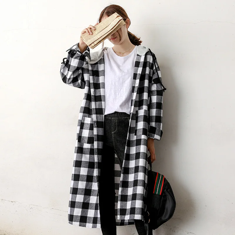 

Autumn New Arrival 2019 Long Sleeve Casual Loose Womens Hooded Shirt Plus Size Warm Thick Korean Blouse Plaid Shirt Women