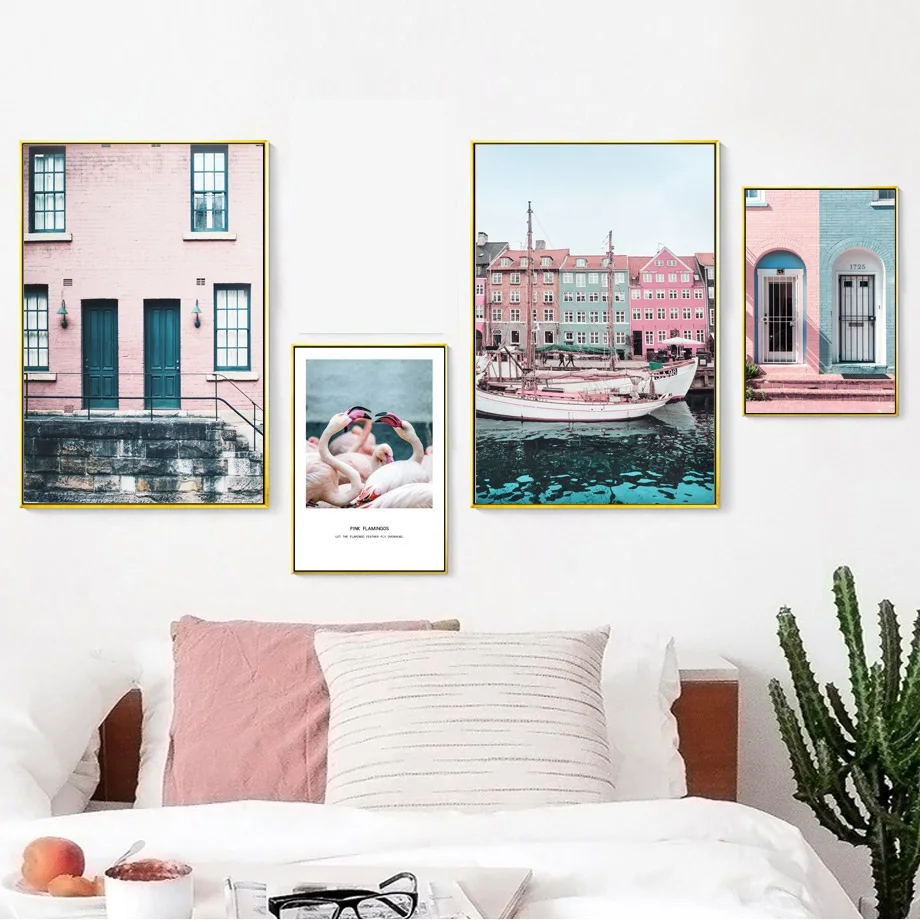 Venice-Blue-Sea-Pink-House-Landscape-Wall-Art-Canvas-Painting-Nordic-Posters-And-Prints-Wall-Pictures