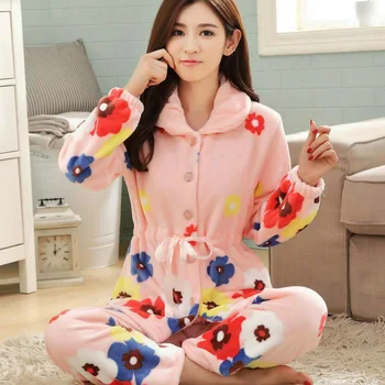 

Women's Flannel Cute Pajamas Set 2 pcs Cartoon Thick Print Homewear 2020 Autumn Winter Female Floral Bowtie Home Clothes Ladies