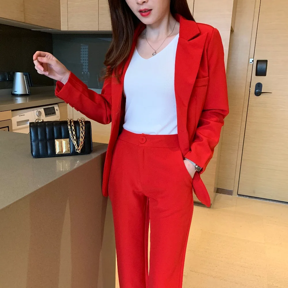 Женский офисный Женский комплект из двух предметов, однотонный Красный Элегантный однобортный пиджак с отложным воротником и длинные брюки S88705Y