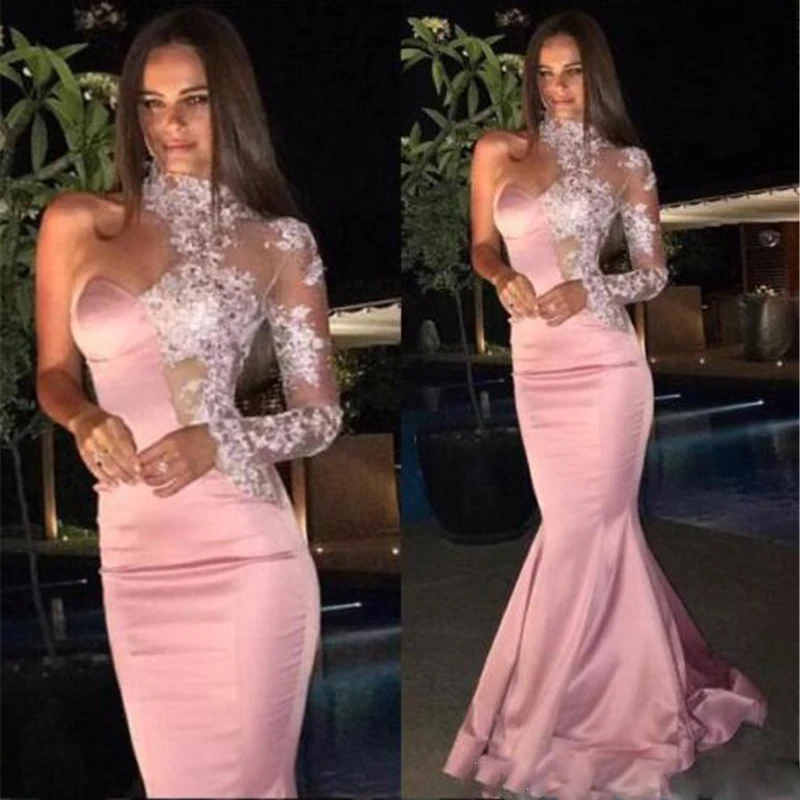Long Mermaid Prom Dresses 2019 New Styles High Neck One Sleeve Pink Satin Prom Dress Lace Appliqued Elegant Evening Dresses Floor Length129