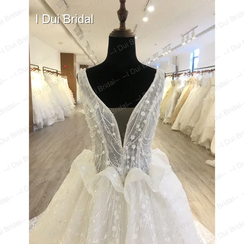 Блестящее шикарное свадебное платье с v-образным вырезом Бальное Платье Иллюзия кнопка назад