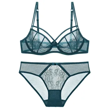 

Sexy Transparent Bra and panty Set Lace up Strappy Lingerie Underwear Women Intimates Underwire Unlined Eyelash Lace Seethrough