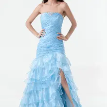 Реальные изображения синие вечерние платья русалки с вырезом без бретелек и оборками длиной до пола с бисером Серебристые платья для выпускного вечера