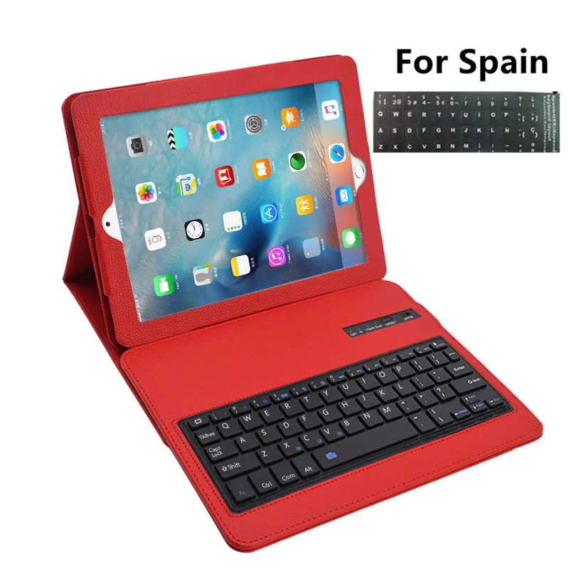 Беспроводная Bluetooth Клавиатура Защитный чехол для iPad Air 2 для iPad 5 6 съемный кожаный чехол подставка с клавиатурой наклейка - Цвет: red for Spain
