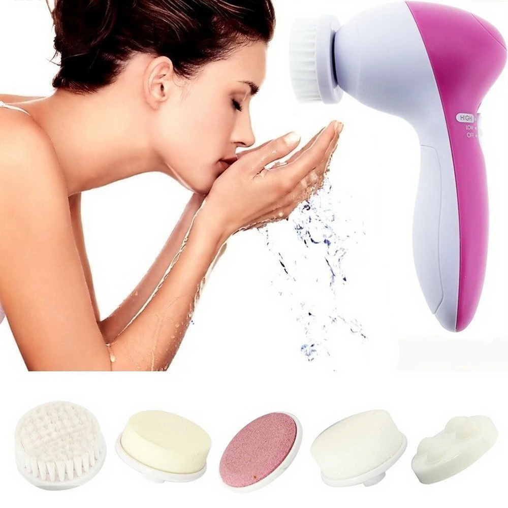 

Replaceable Head 5 In 1 Electric Facial Washing Spin Brush Exfoliating Cleaning Beauty Machine Face Skin Care Tools Massager