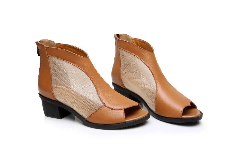 Модные женские летние туфли из натуральной кожи; Босоножки с открытым носком; сетчатые ботинки на шнуровке; босоножки на толстом каблуке; mujer; сандалии-гладиаторы из сетчатой ткани; Размеры 35-41