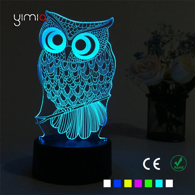YIMIA Сова 3D ночник 7 цветов Изменение настроения лампа светодиодный свет 5 в USB Декор настольная лампа сенсорный ключ освещение