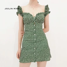 Женское милое мини-платье с цветочным принтом и вырезом в виде сердца, зеленое платье с цветочной отделкой