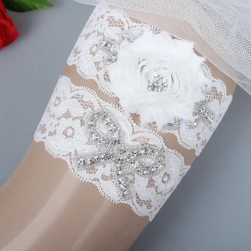 Bridal Garter Set Wedding Garter Crystal Rhinestone on a IVORY Lace Bridal Leg Ring Set Crystal ...