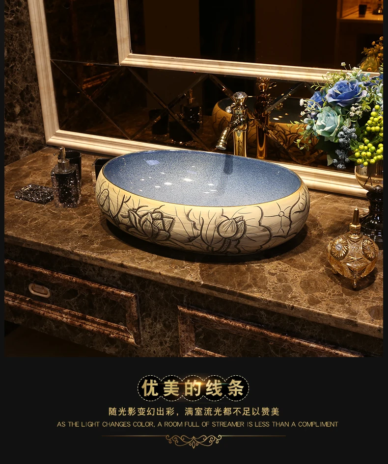 Oval Europe Vintage Style Art Porcelain Counter top Basin Sink Handmade Ceramic Bathroom Vessel Sink Vanities art basin ceramic basin Carved lotus (3)