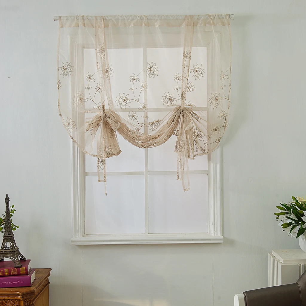 Embroidery Adjustable Tie-Up Curtain Shades Balloon Curtains for Kitchen Bathroom Small Window 46inch Wide x 63inch High