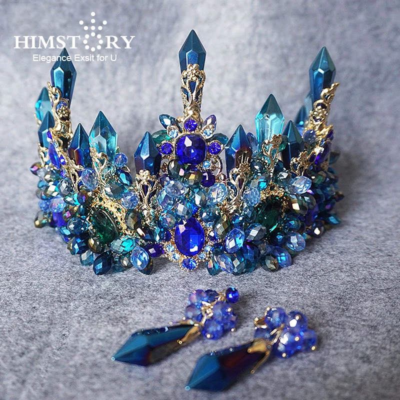 

Himstory Amazing Brides Oversize Blue Baroque Royal Crown Headpiece Retro Green Rhinestone Tiara Hairbands Wedding Hair Jewelry