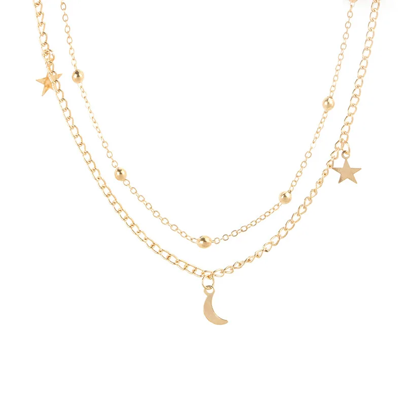 Простой Boho золото звезда серебряного цвета Лунная бусина Многослойные Chockers цепочки и ожерелья для женщин Bijou s Подвески Многослойные чокеры
