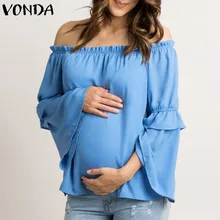 VONDA Maternity 2020 Summer Autumn Pregnancy Women Chiffon Shirt Sexy Off Shoulder Slash Neck Casual Loose Tees Tops Plus Size