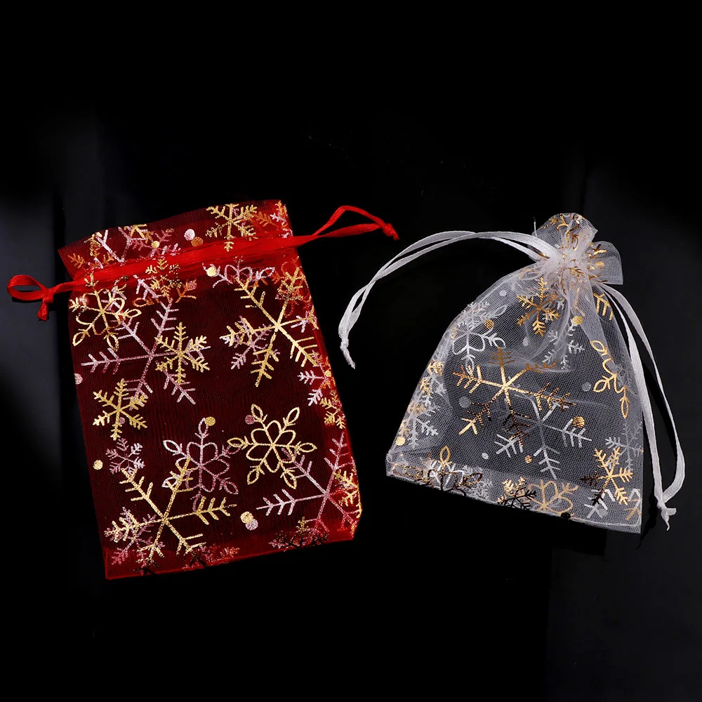 

20 Pieces 2 Colors 9x12cm Red Silver Golden Rim Snow Christmas Styling Style Drawstring Pocket Gauze Pouch Gift Bags