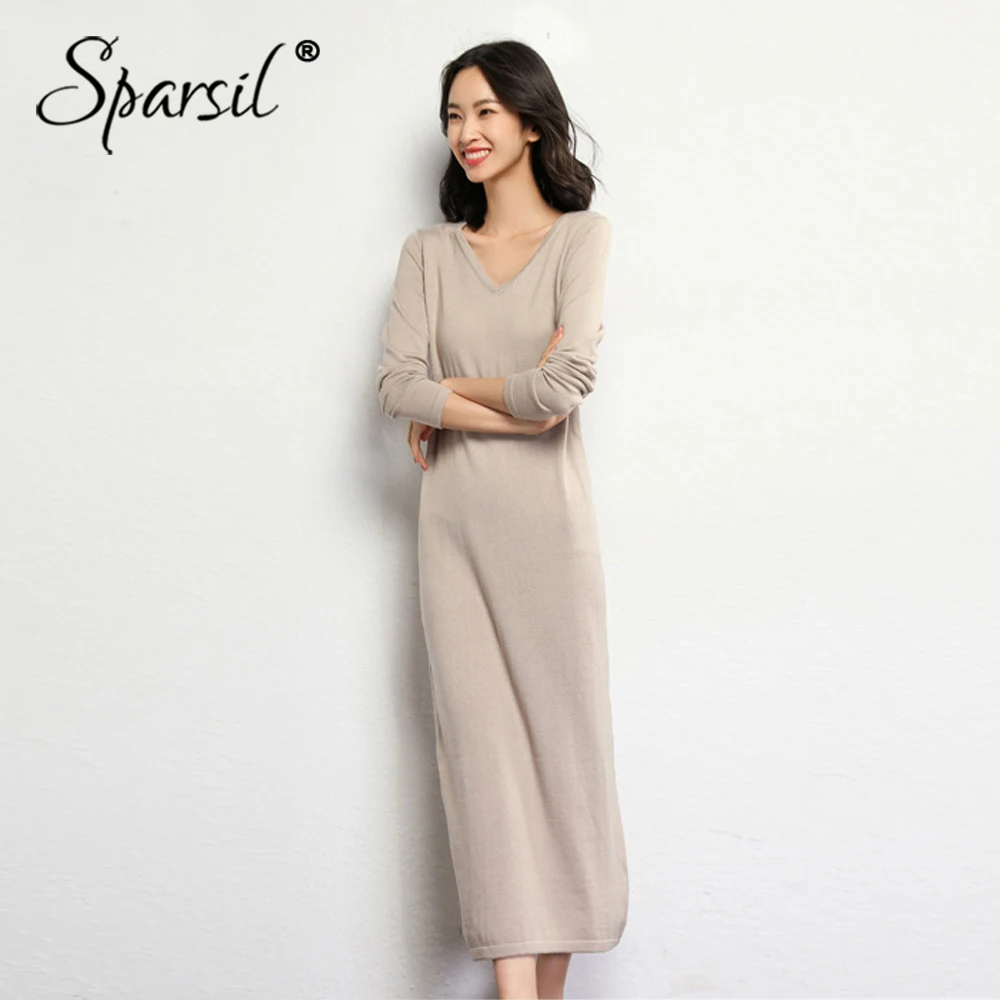 

Sparsil 2018 Women Wool Winter Knitted Long Dress V Neck Cashmere Autumn Big Size Pencil Casual Office Lady Knit Dresses