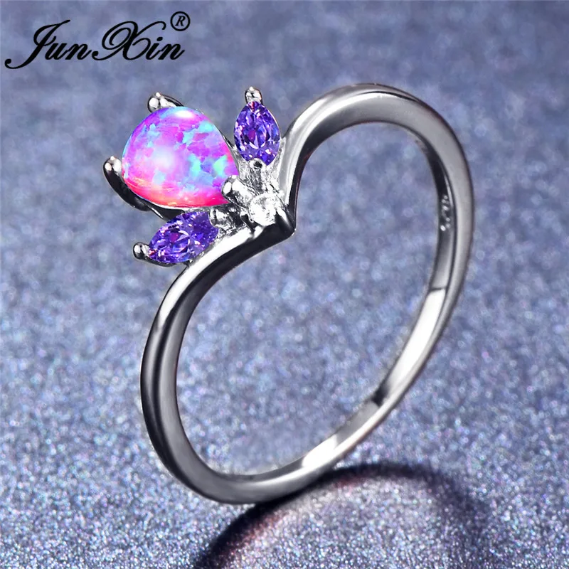 JUNXIN, 925 пробы, серебряное покрытие, Голубое озеро, циркон, белый/фиолетовый, огненный опал, обручальные кольца для женщин, капля воды, камень, корона, кольцо