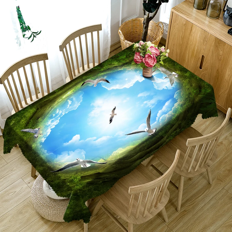 

Customizable Tablecloth 3d Blue Sky and Dove Pattern Washable Cloth Thicken Rectangular and Round Manteles for Wedding
