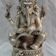 Тибет Серебряный 4 Arms Ганапати Ганеш лорд Ганеша Будда латунь монет Мышь статуя