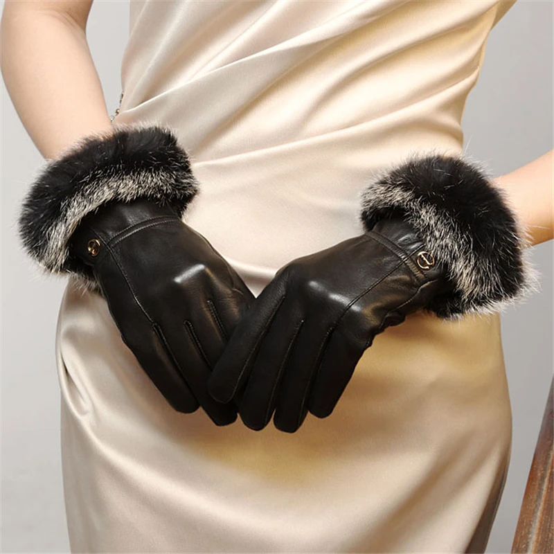 Высококачественная брендовая одежда из натуральной кожи перчатки Для женщин перчатки овчины тенденции моды кроличьей шерсти палец
