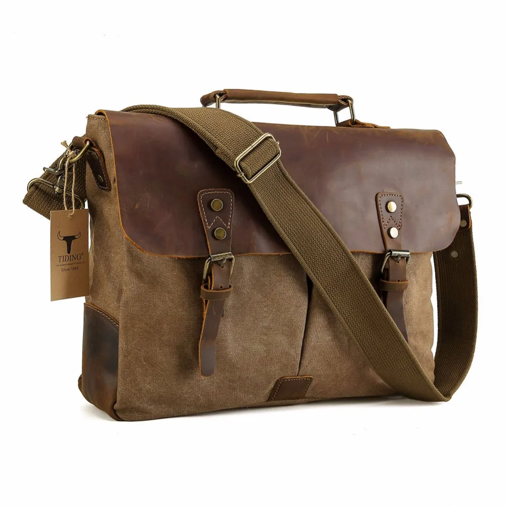 TIDING Men Canvas Leather Tote 15.6" Laptop Bags Hobo Padded Strap