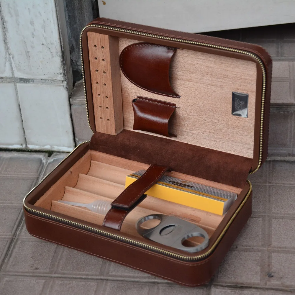 COHIBA Travel Cigar Case Box Leather and Cedar Wood Humidor Kitin