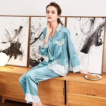 

Long Sleeve Womens Sleepwear Pajama Set Silk Solid with Long Pants Loose Woman Lingeries Underwear Home Wear