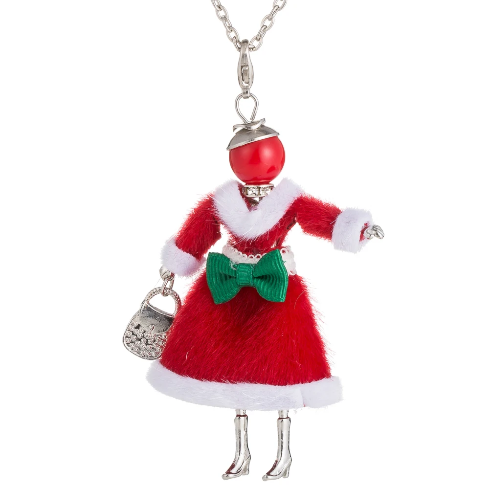 Милое платье с бантом, Кукольное ожерелье, Женская рождественская ткань, подвески Санта Клауса, ожерелье с рождественскими ювелирными аксессуарами, Длинная цепочка