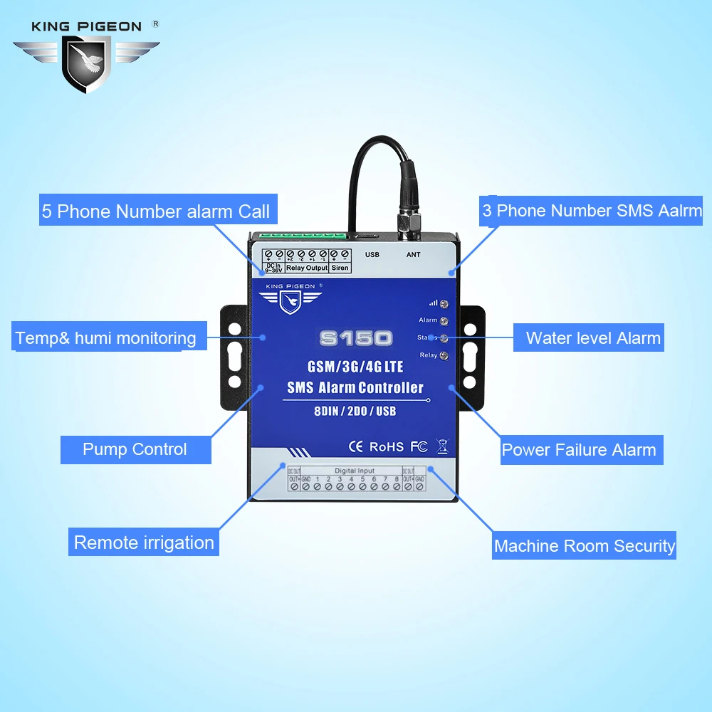 King Pigeon GSM/3G/4G SMS Industrial Alarm Automation Controller Alarm Controller S150 (8DIN,2DOUT)