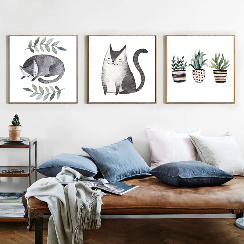 Cat Potted Plants Living Room Lovely Animals Cartoon Cute Modular Color Print Painting Pictures Poster Nord Children Wall Art |