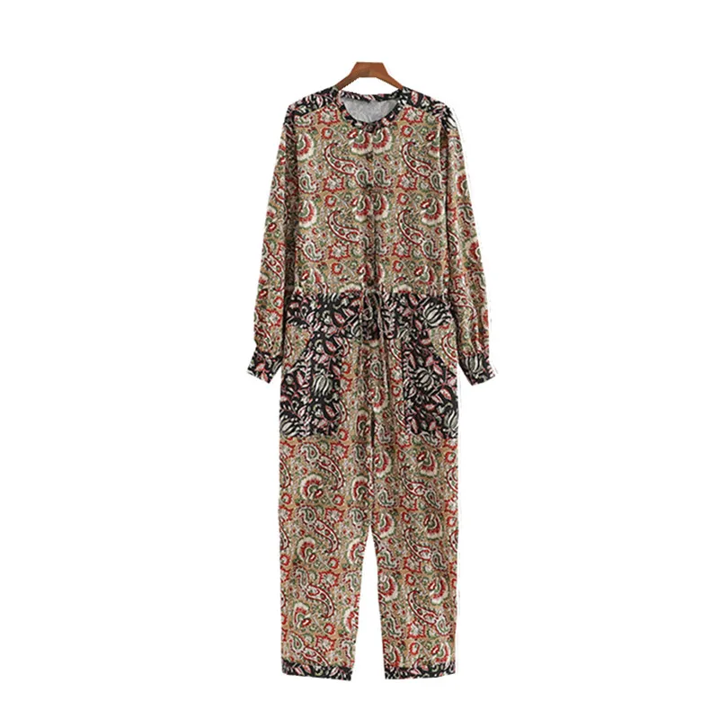 

Women Print Satin Jumpsuit Summer Round Collar 3/4 Sleeve Drawstring Button Loose Ankle-Length Romper Overalls