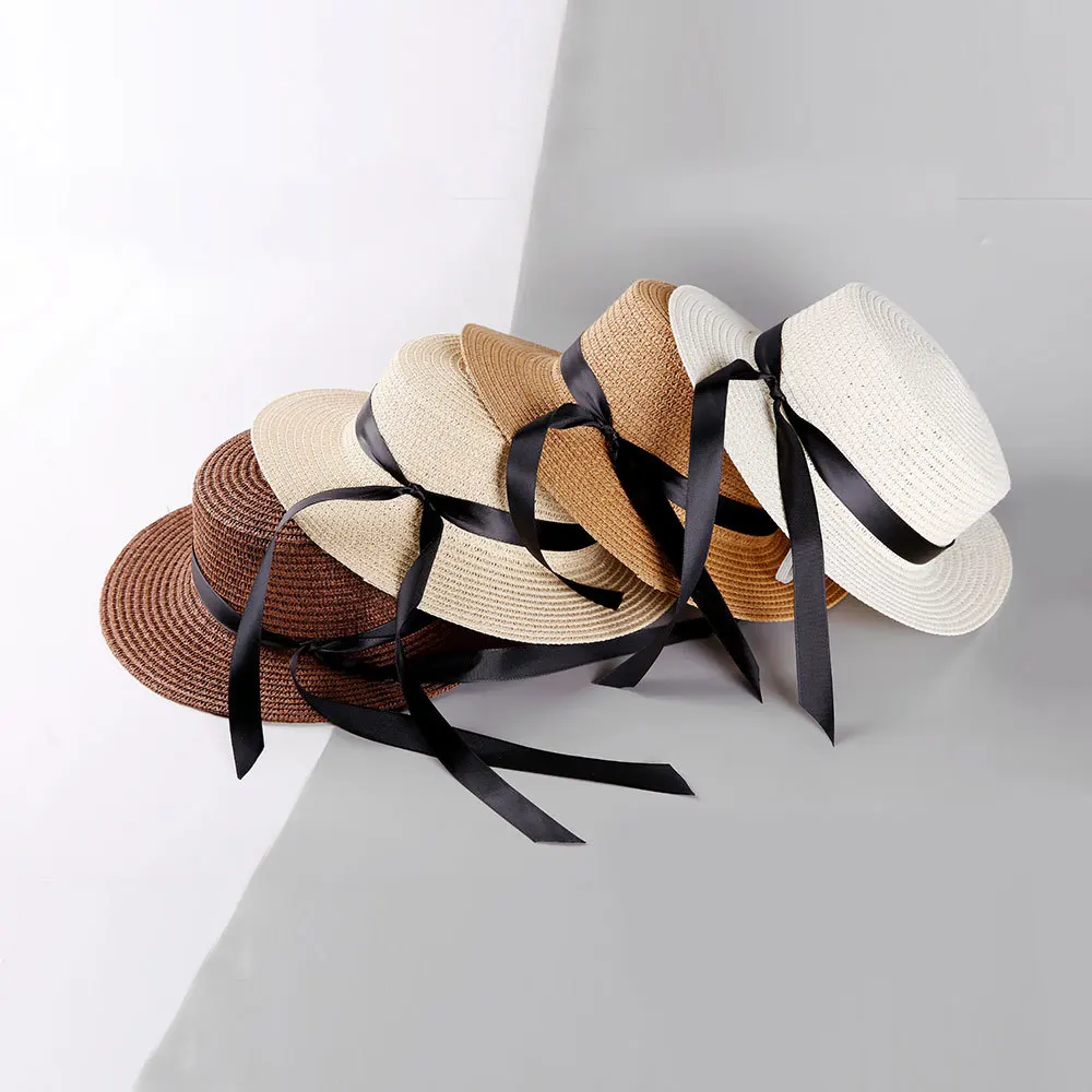 

GEMVIE New Fashion Summer Hats For Women Parent-child Simple Straw Hat Black Ribbon Beach Cap Boater Mini Sun Hat Fedora Panama