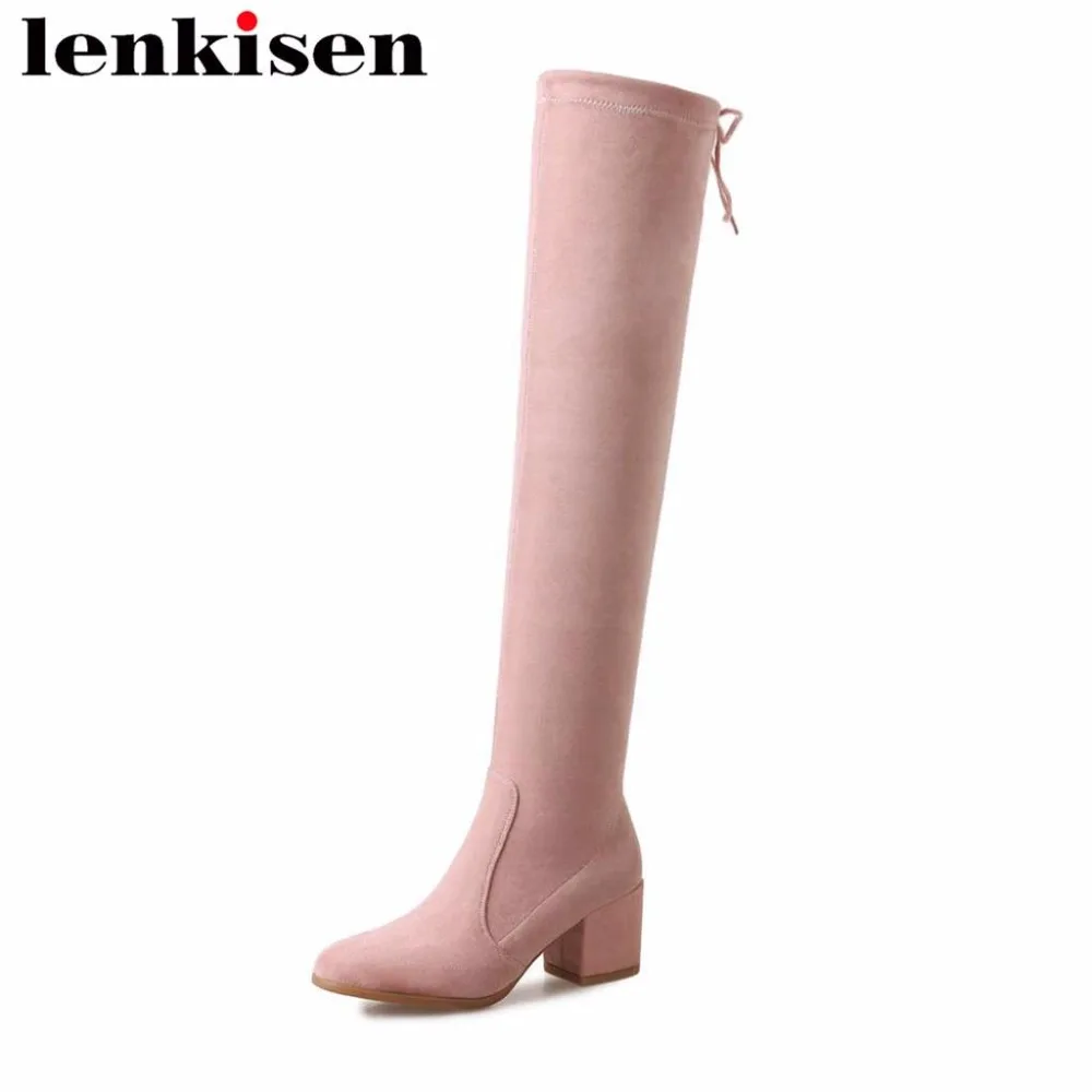 

Lenkisen original design flock autumn winter popular thigh high boots solid round toe high heels zip young lady woman shoes L08