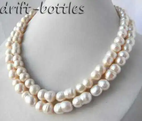 

100% Selling Picture full 2Strands 10mm 18'' White Double Baroque Freshwater Pearl Necklace