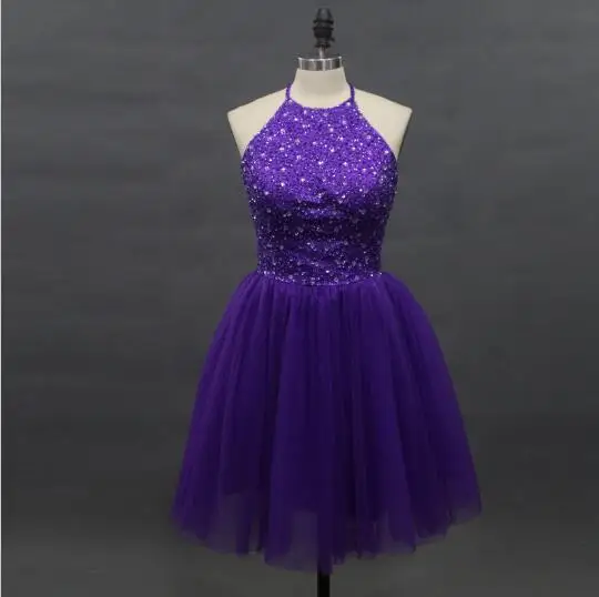 New Arrival Elegant Beaded Purple Cocktail Dresses 2018 Halter Off