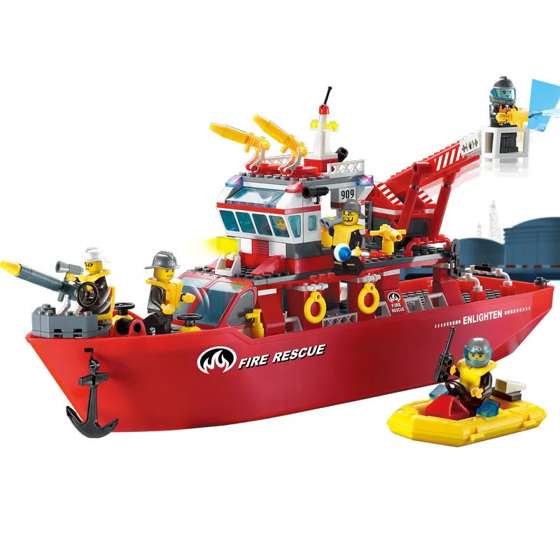 ENLIGHTEN 361Pcs City Police Fire Rescue Boat Crane Ship Model Building Blocks Compatible LegoINGs Bricks Toys for Children