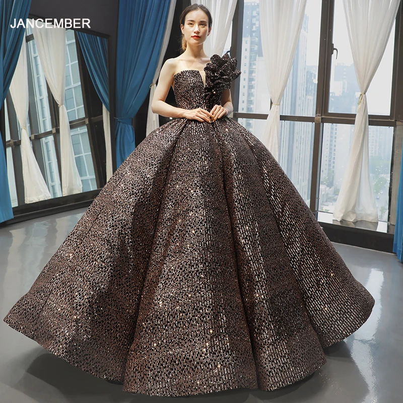 

J66860 jancember one-shoulder evening dresses 2019 gorgeous ball gown with black flower special occasion dresses  