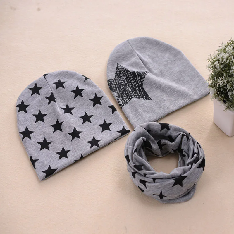 3Pcs/Set Cotton Baby Hat Scarf Autumn Winter Star Prints Children Scarf-Collar Beanie Baby Boy Girl Warm Cap Scarves - Color: gray