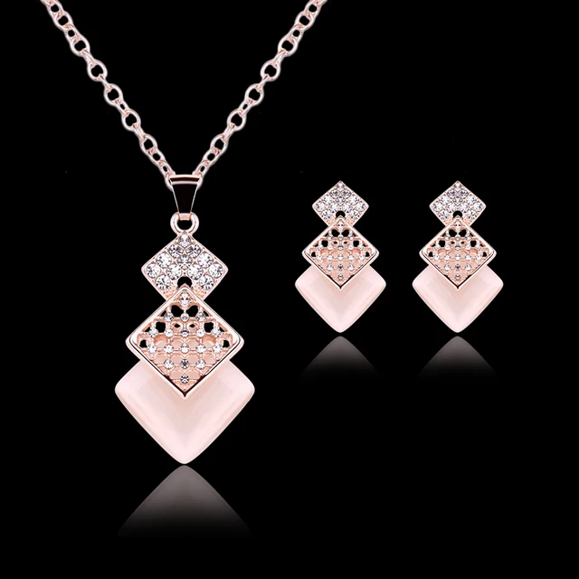 2016 Hot Sale Fashion Elegant Jewelry Sets Pink Square Crystal Pendant