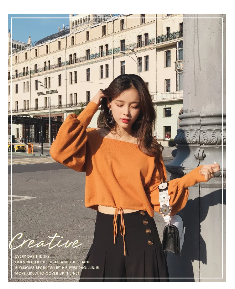 MISHOW Autumn vintage Knitted sweater for women fashion causal Square collar Lantern sleeve short tops MX18C5196