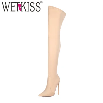 

WETKISS Lycra Over The Knee Boots Women Stiletto Heel High Boot Female Party Shoes Ladies Pointed Toe Shoes Winter Plus Size 45