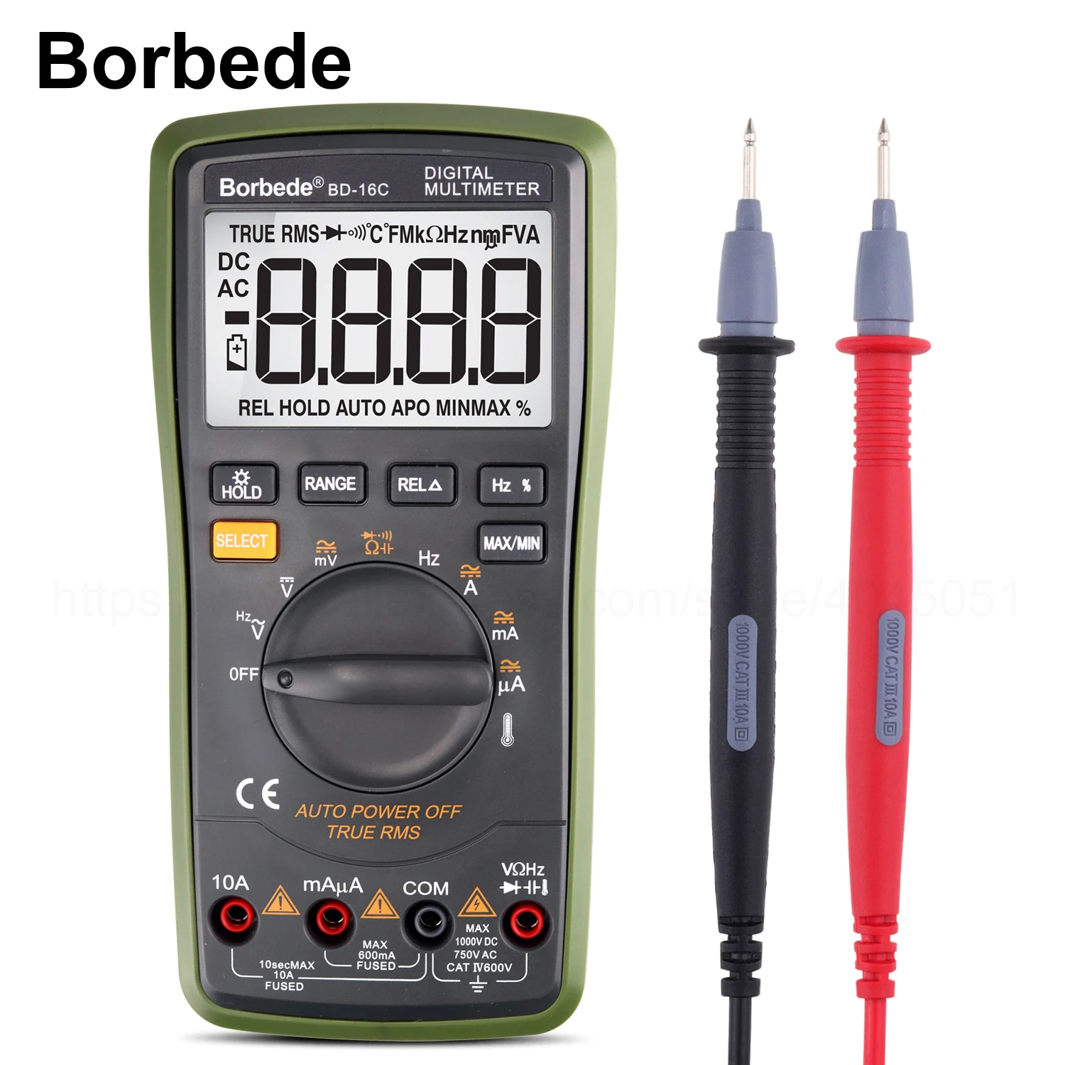 

Borbede Auto Digital Multimeter Range BD-16C of 6000 Counts AC DC Resistance Temperature Capacitance True RMS Diode Tester